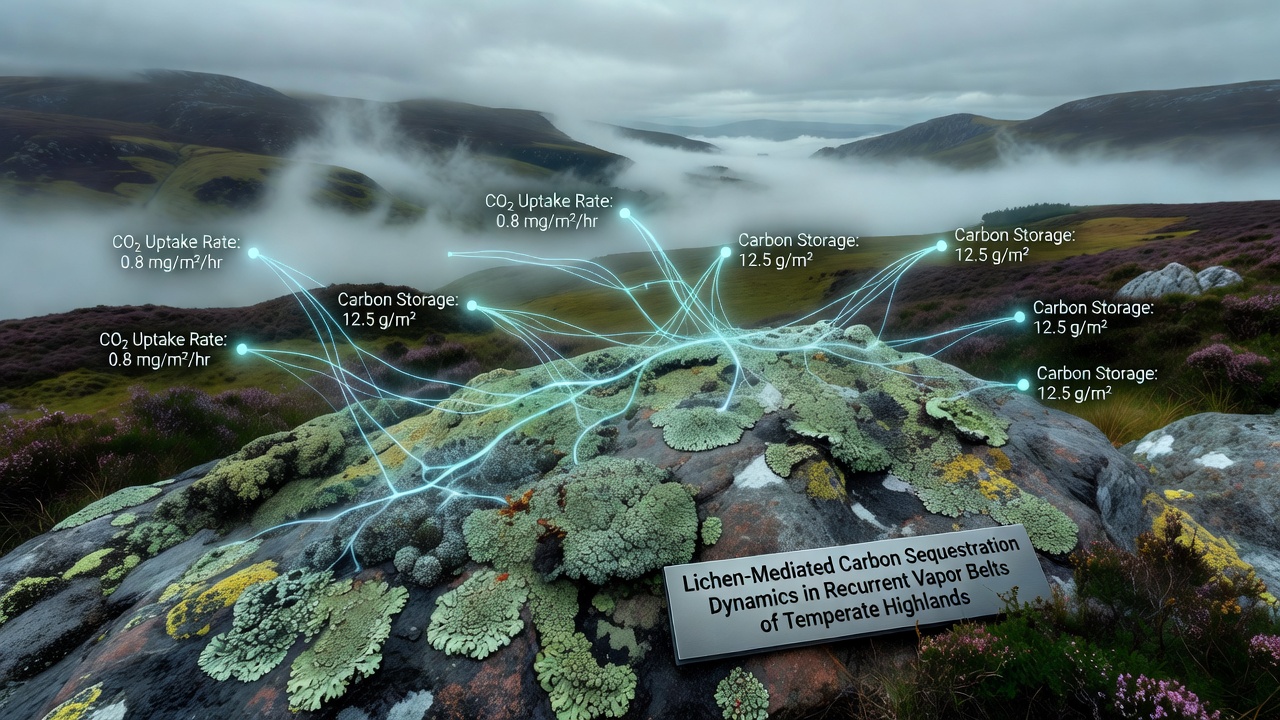Close-up view of lichen thalli capturing moisture in a temperate highland vapor belt environment