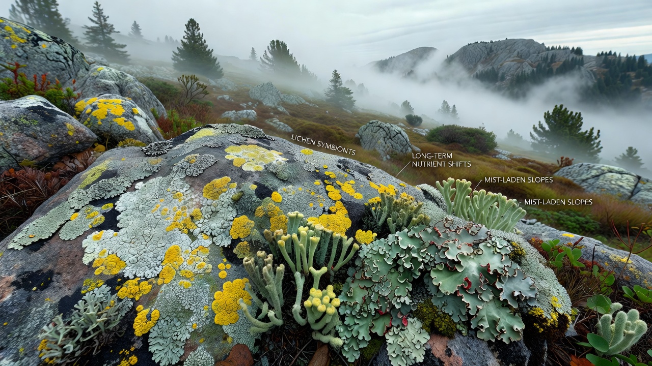 Close-up view of lichen thalli showing color variations that indicate nutrient status on damp mountain terrain