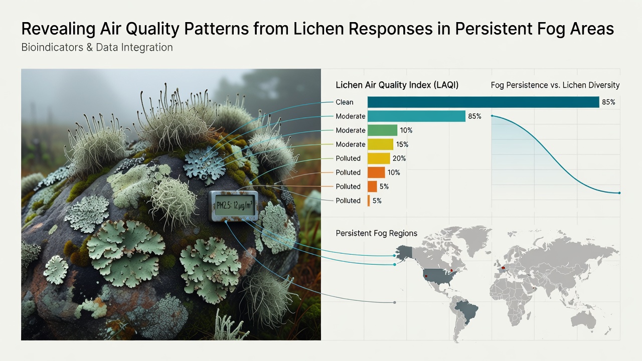 Close-up of lichen samples collected from fog-affected areas displaying discoloration and structural changes linked to air pollution levels