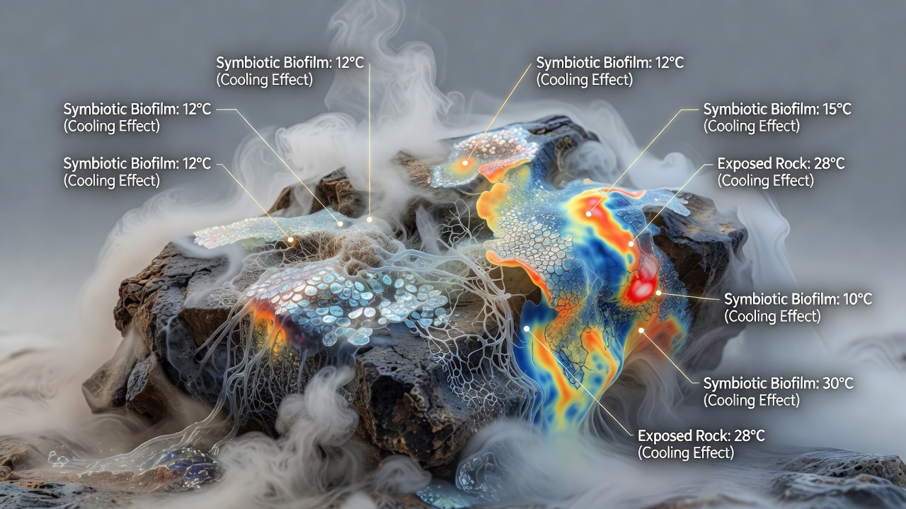 Close-up view of adapted symbiotic growth altering rock texture and temperature in misty highlands